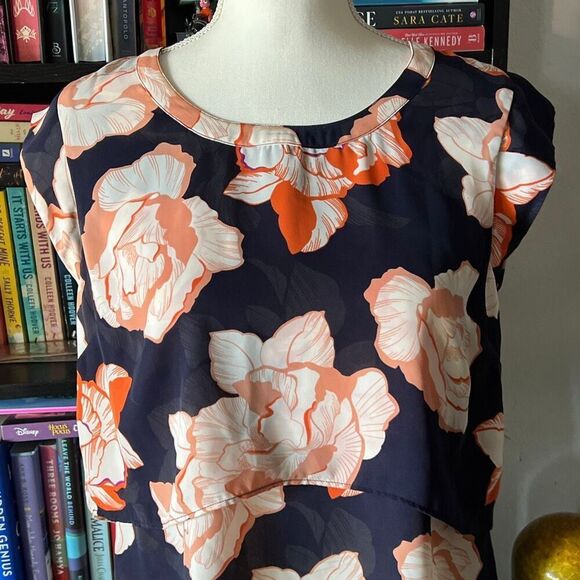 Cabi Size Small blue and orange floral print chiffon blouse - Picture 2 of 4